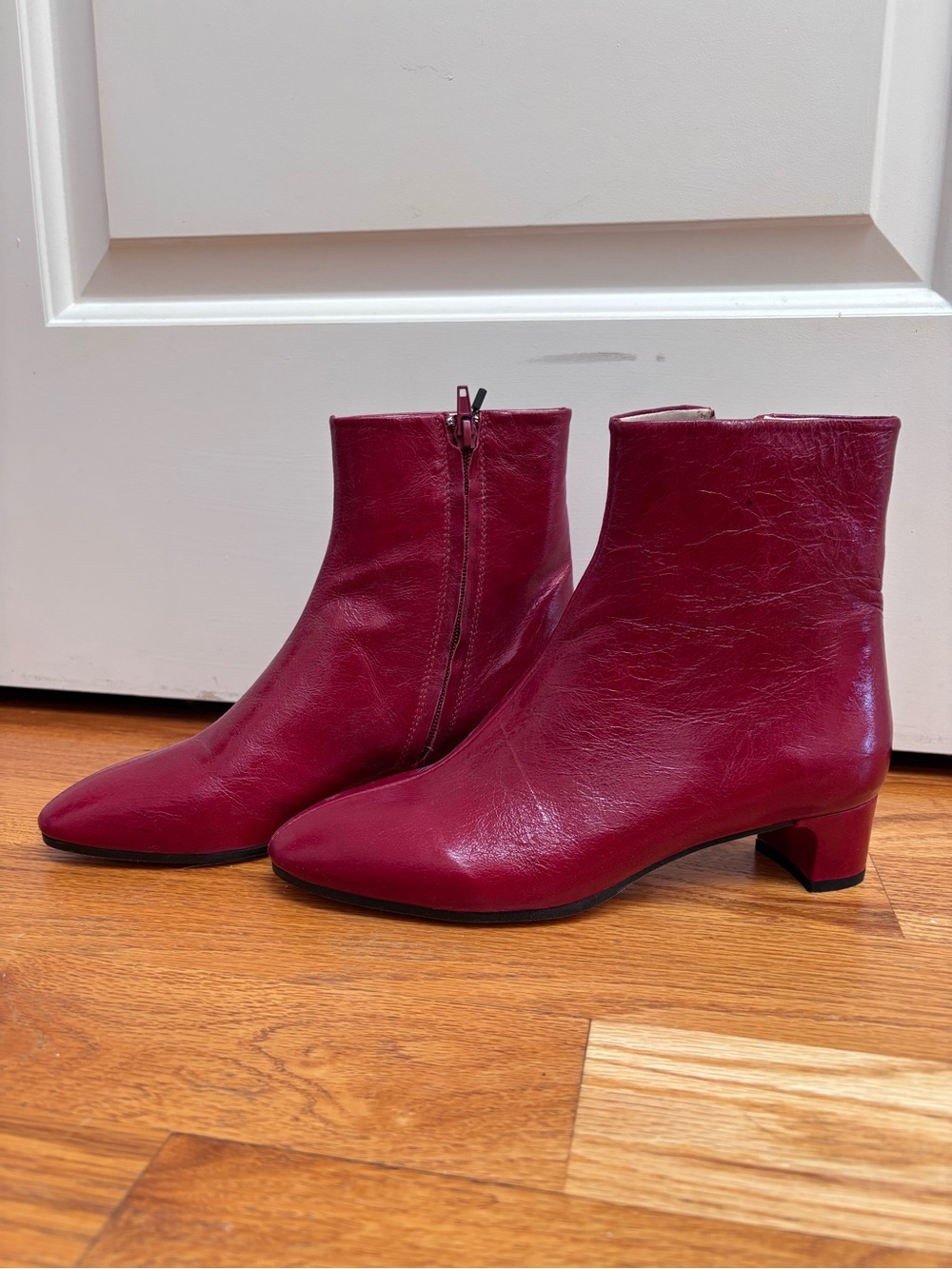 Women's Red Leather Ankle Boots - Stylish Low Heel